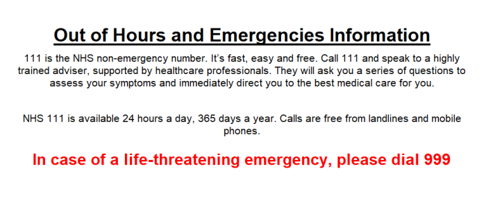 Out of hours and emergencies information