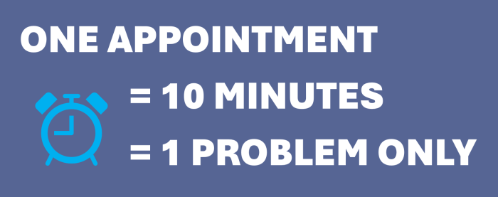 One appointments = 10 minutes = 1 problem only